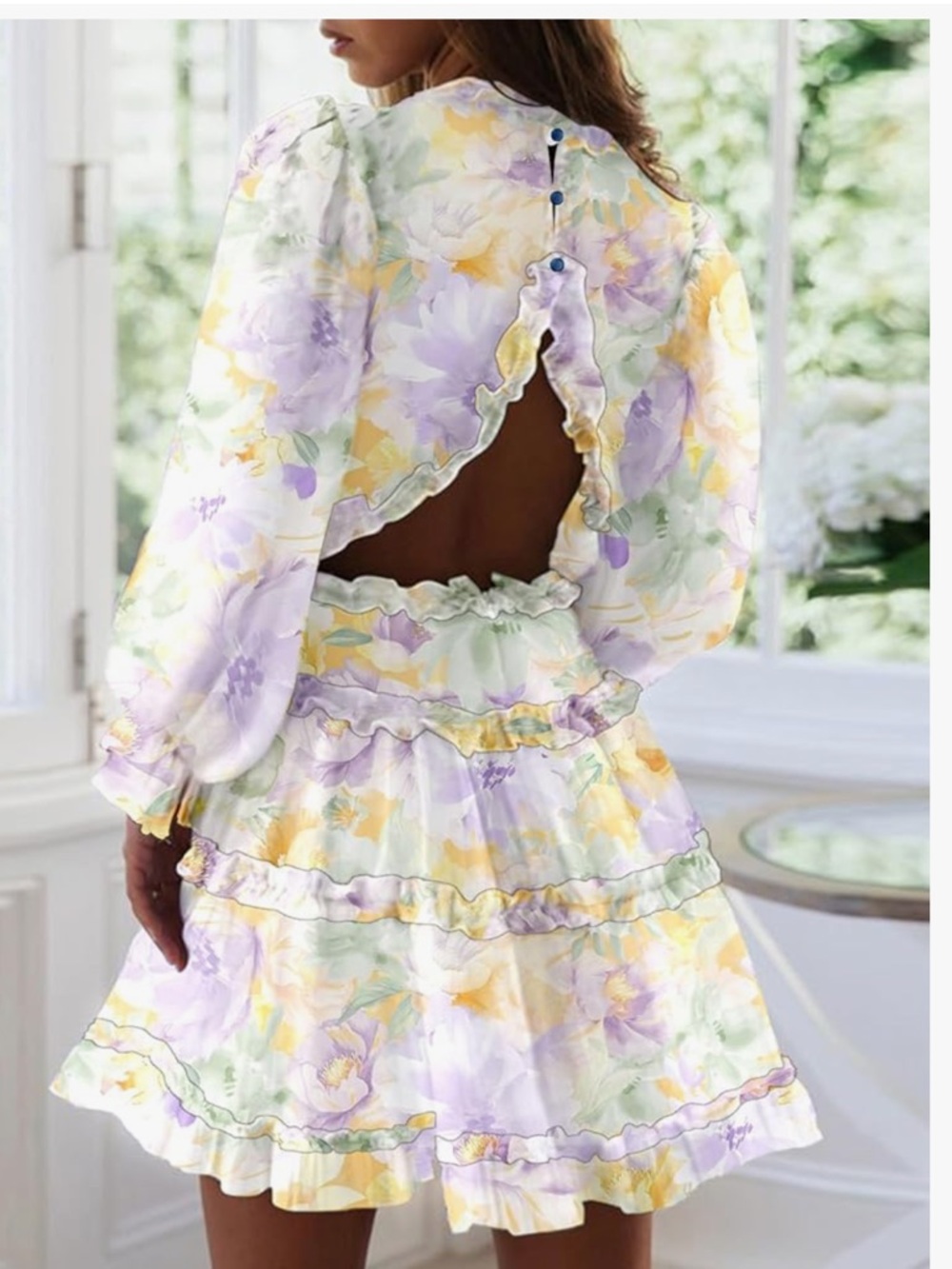 Deep V-Neck Long Sleeve Backless Mini Dress - Picture 4 of 6